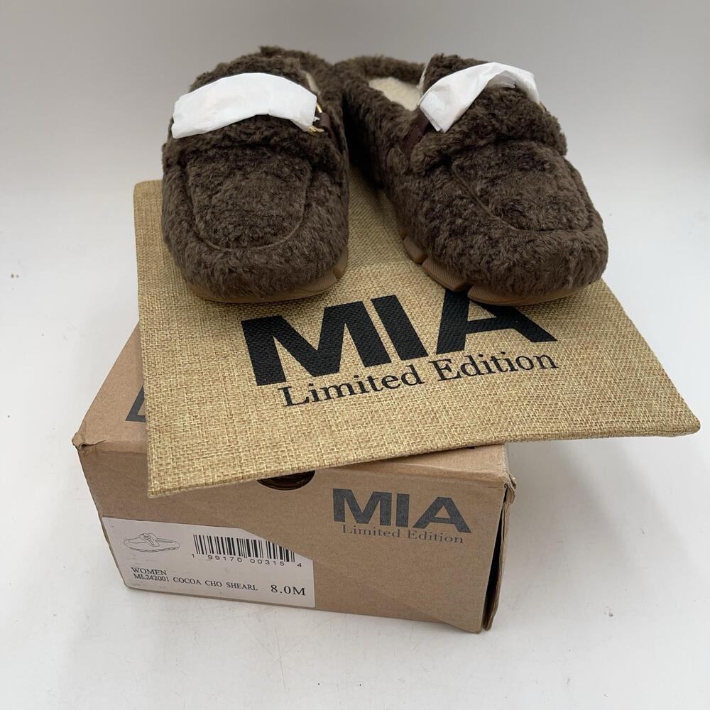 MIA Slippers Womens Brown Faux Fur Shearling Moccasin Buckle House Cozy Size 8